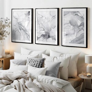 Set of 3 marble abstract bedroom wall art prints in grey with silver and white, Giclée prints