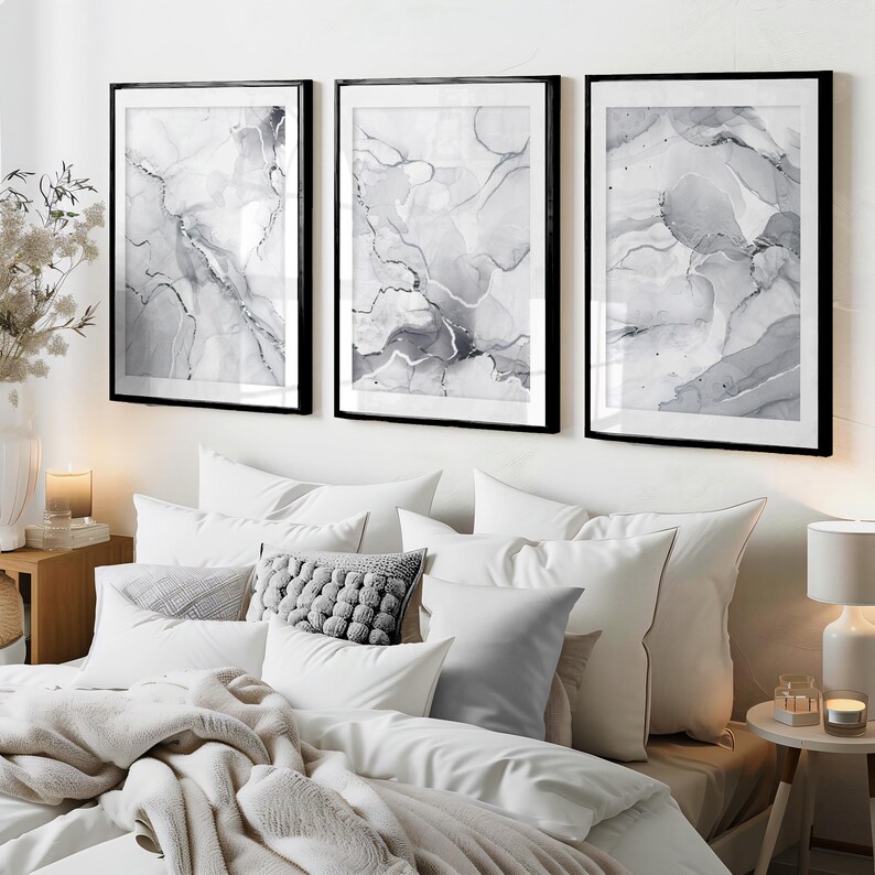 Set of 3 marble abstract bedroom wall art prints in grey with silver and white, Giclée prints