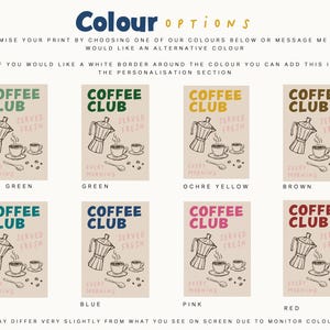 Coffee Club funky kitchen wall art prints, available in 8 colours including sage green, green, ochre yellow, brown, teal, blue, pink and red, featuring hand drawn coffee, and mugs