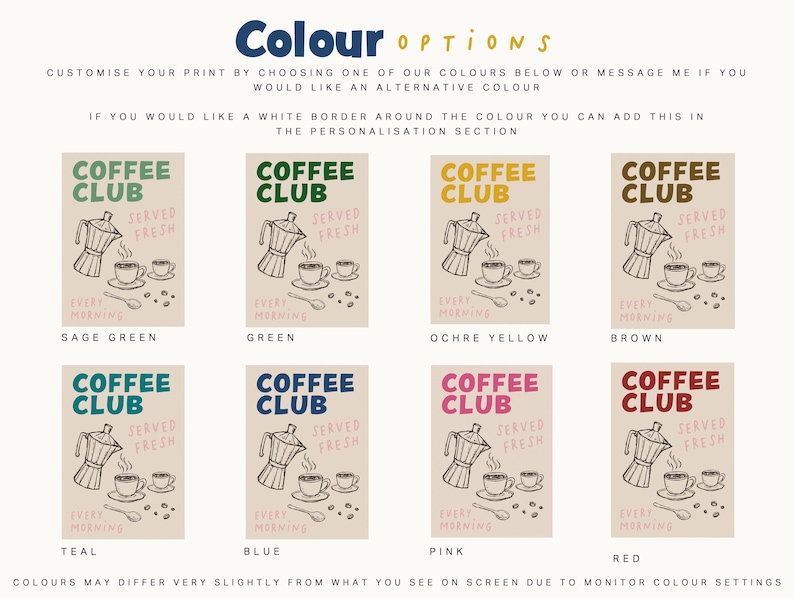 Coffee Club funky kitchen wall art prints, available in 8 colours including sage green, green, ochre yellow, brown, teal, blue, pink and red, featuring hand drawn coffee, and mugs