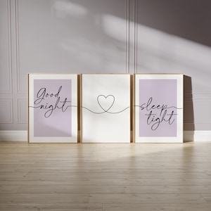 Dusky lilac bedroom prints, with quotes, good night, sleep tight