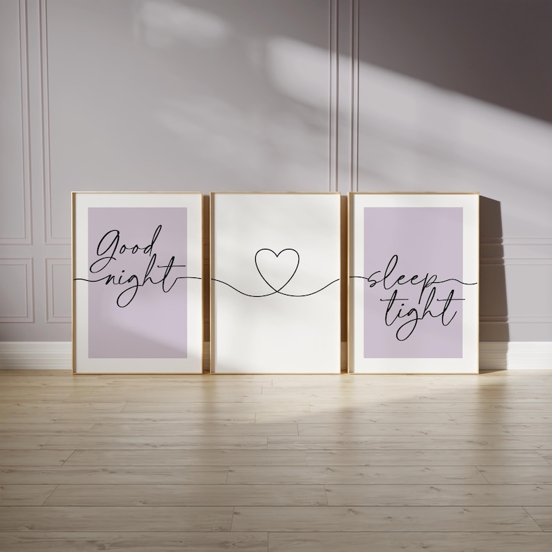 Dusky lilac bedroom prints, with quotes, good night, sleep tight