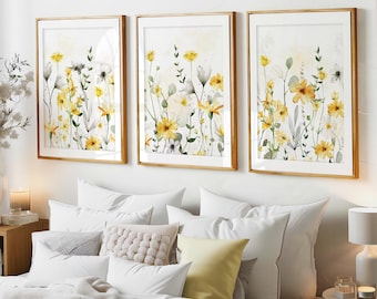 Set of 3 Wildflower Wall Art Prints, Yellow & Grey Wall Art, Summer Wildflowers, Yellow Wall Art, Botanical Prints, Watercolour Wildflowers
