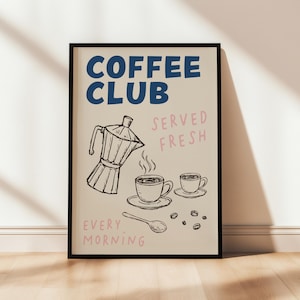 Blue coffee club kitchen wall art print