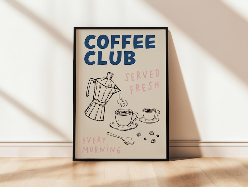 Blue coffee club kitchen wall art print