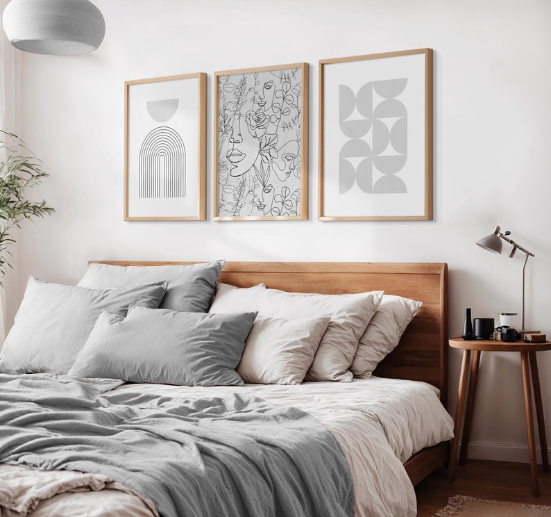 Set of 3 grey boho style bedroom wall art prints