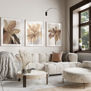 Set of 3 brown and beige large abstract flower living room wall art prints