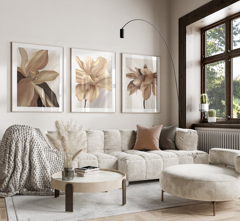 Set of 3 brown and beige large abstract flower living room wall art prints