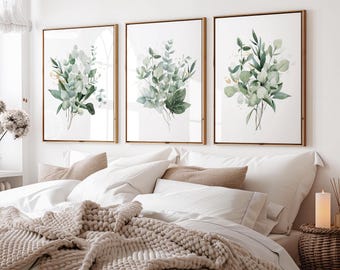 Set of 3 Eucalyptus Prints, Green Wall Art, Plant Wall Art, Green & Gold, Living Room Wall Prints, Botanical Wall Art, Bedroom Wall Art