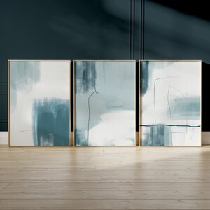 set of 3 watercolour duck egg blue colour abstract wall art prints featuring line art