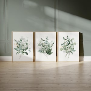 Set of 3 Sage Green Wall Art Prints with botanical elements