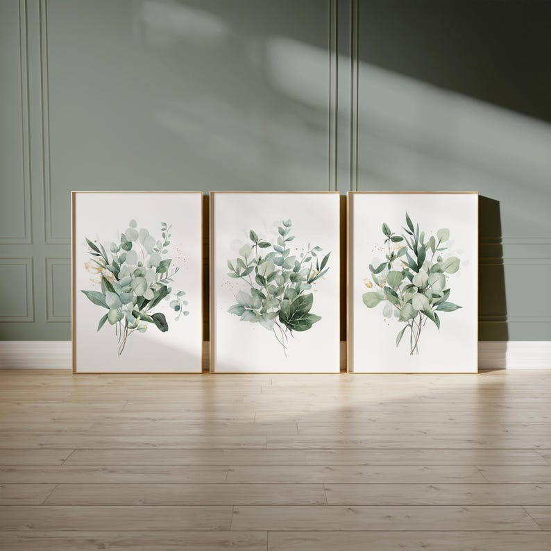 Set of 3 Sage Green Wall Art Prints with botanical elements