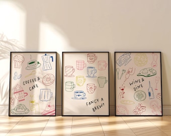 Kitchen Prints, Set of 3 Prints Colourful Kitchen Prints, Wall Art, Dining Room Art, Kitchen Decor, Coffee Club, Wine & Dine, Fancy A Brew