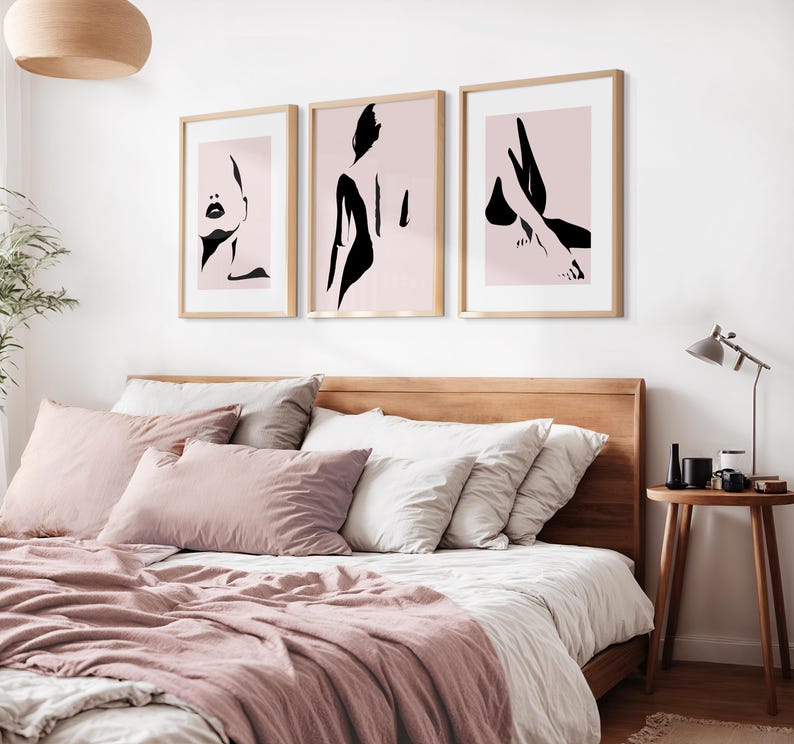 set of 3 pink bedroom abstract women bedroom wall art prints