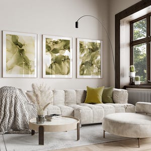 set of 3 olive green marble living room wall art prints