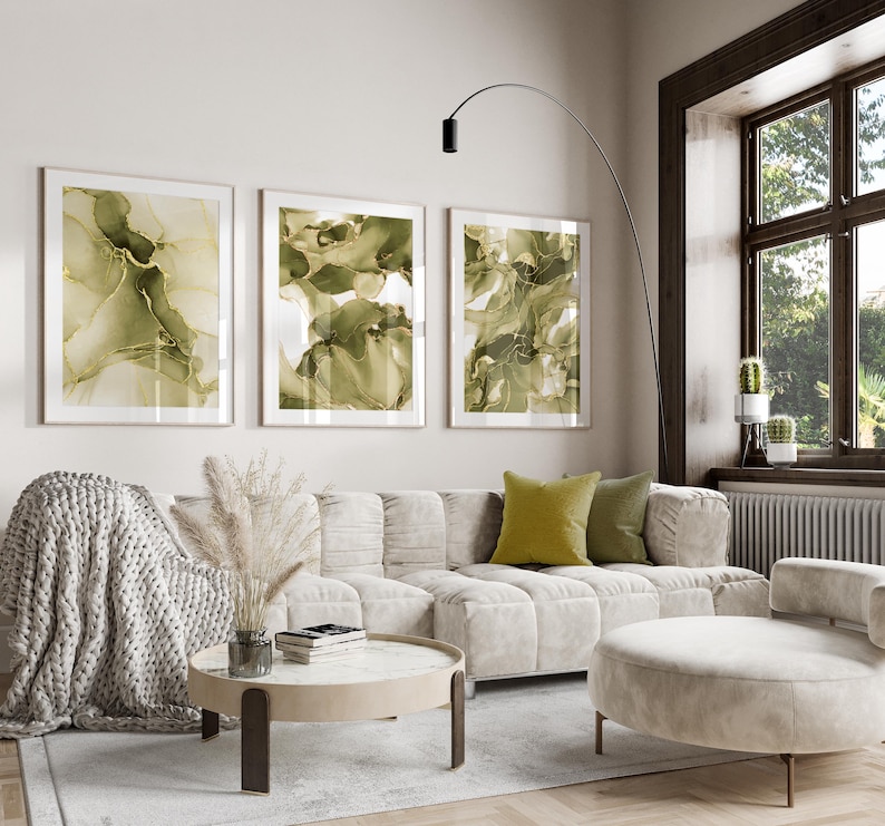 set of 3 olive green marble living room wall art prints