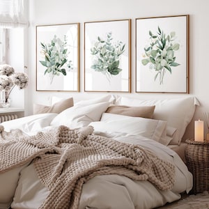 Set of 3 Watercolour Eucalyptus Plant Bedroom Wall Art giclée Prints