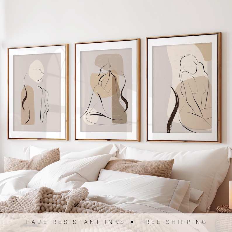bedroom wall art, beige and brown abstract line art women prints