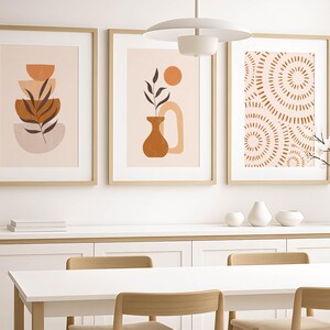 set of 3 abstract dining room prints in orange and beige