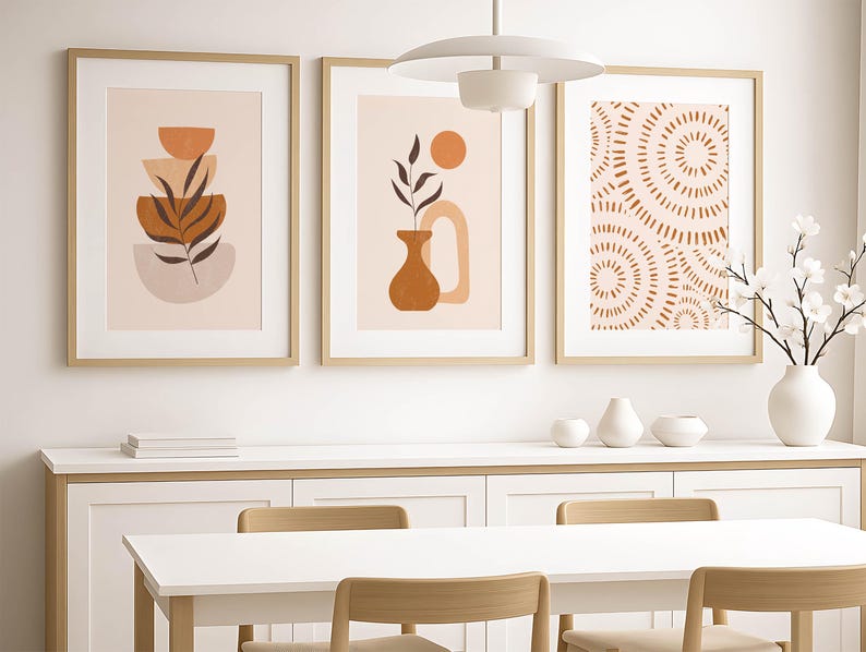 set of 3 abstract dining room prints in orange and beige