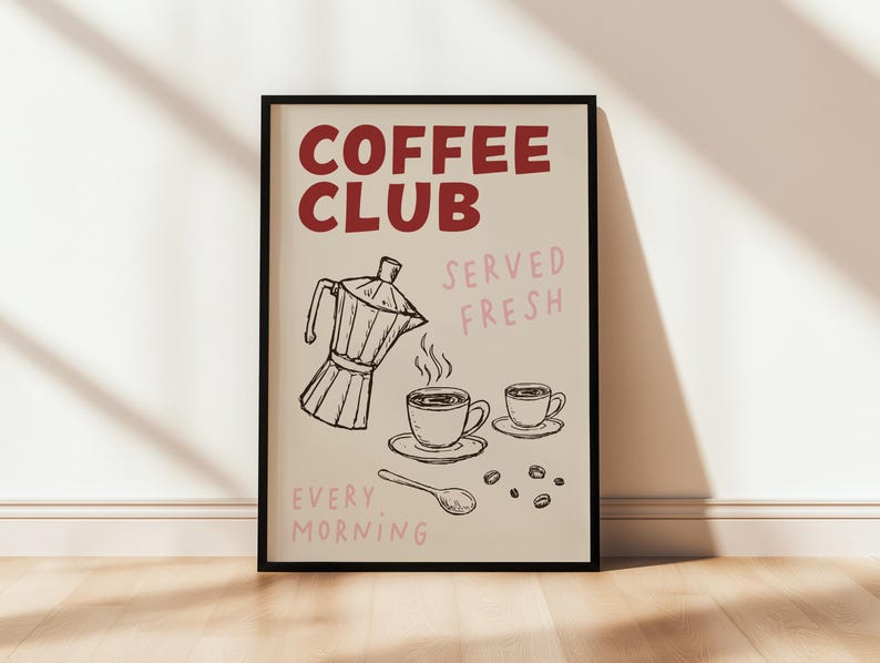 Red coffee club kitchen wall art print