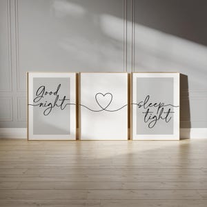 Grey bedroom prints, "good night, sleep tight" bedtime quote with love heart