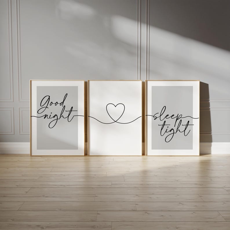 Grey bedroom prints, "good night, sleep tight" bedtime quote with love heart