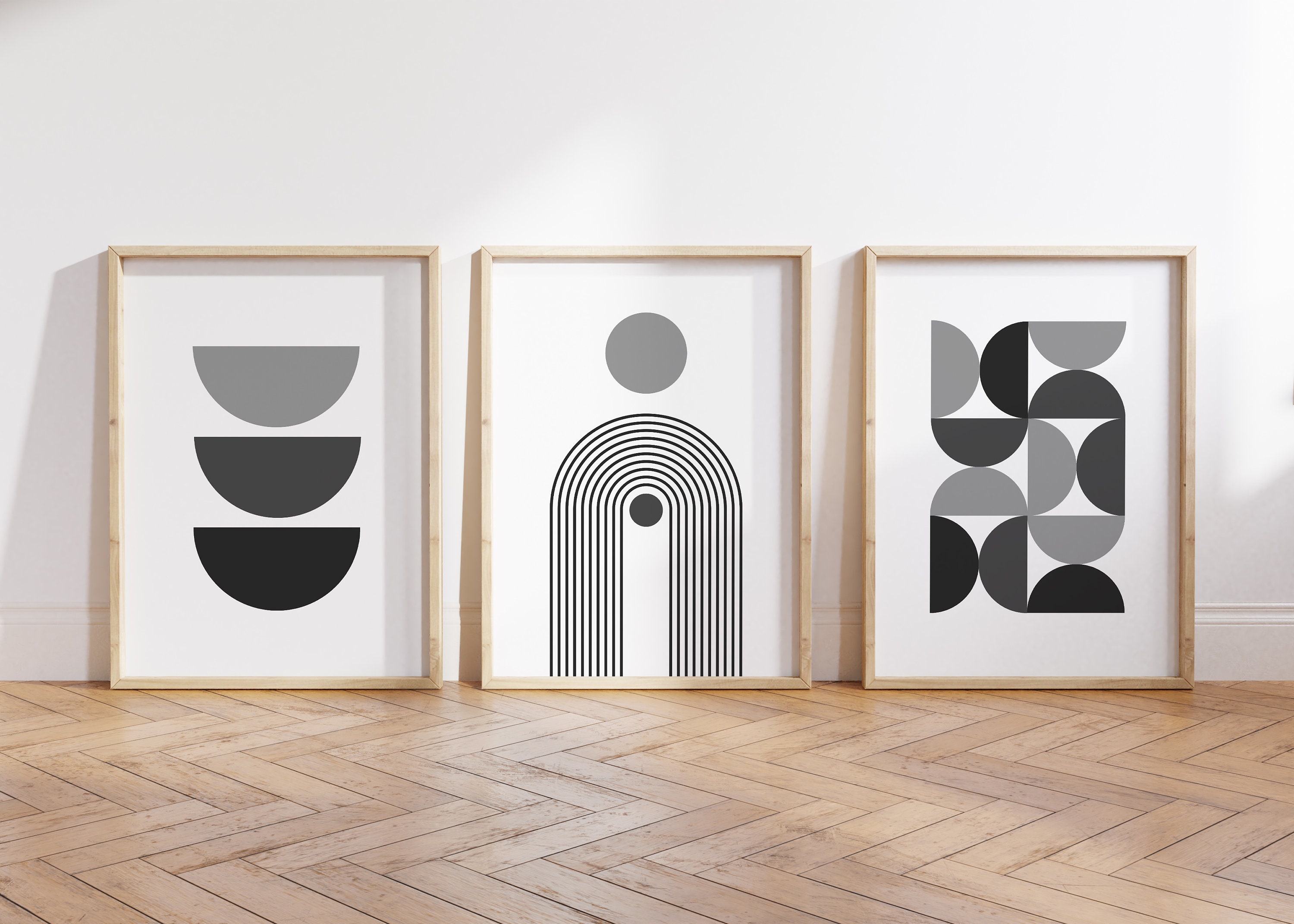 Set of 3 Grey Wall Art Prints Modern Mid Century Geometric Etsy