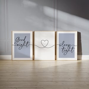 Blue bedroom prints, "good night, sleep tight" bedtime quote with love heart