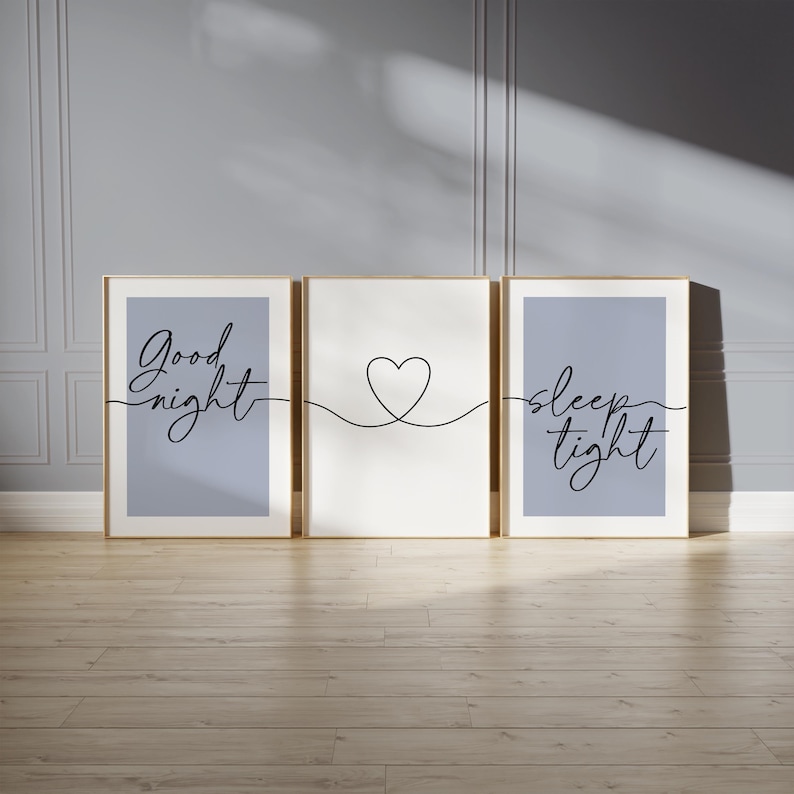 Blue bedroom prints, "good night, sleep tight" bedtime quote with love heart