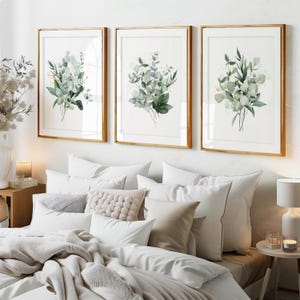 Set of 3 Green Botanical Bedroom Wall Art Prints