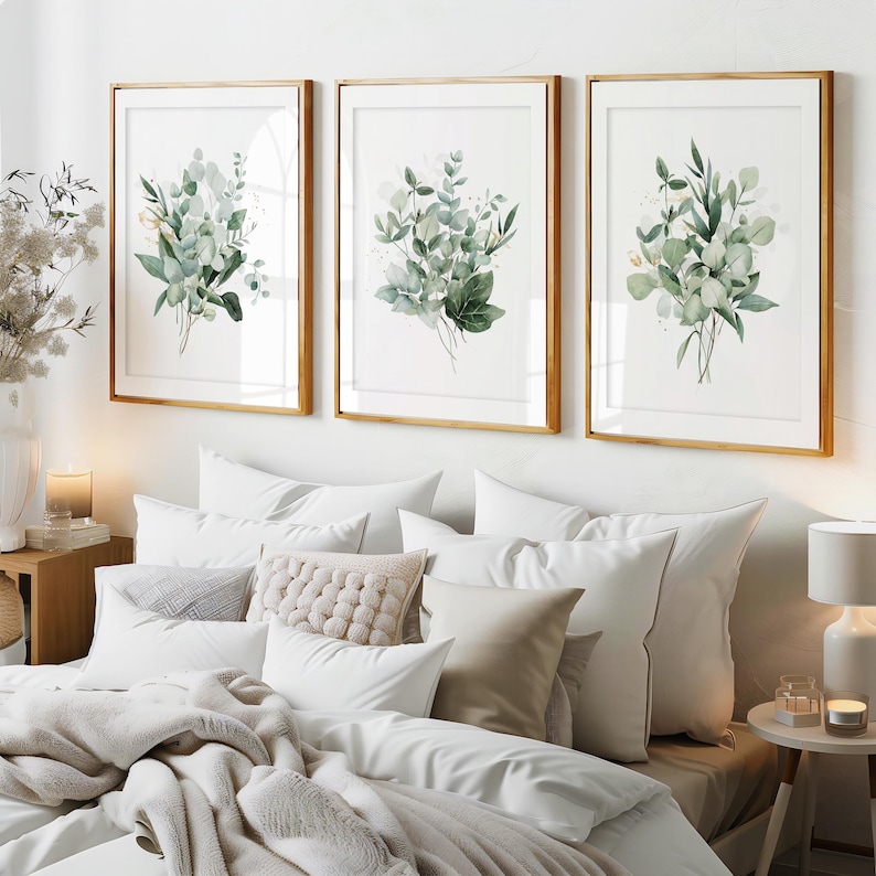 Set of 3 Green Botanical Bedroom Wall Art Prints