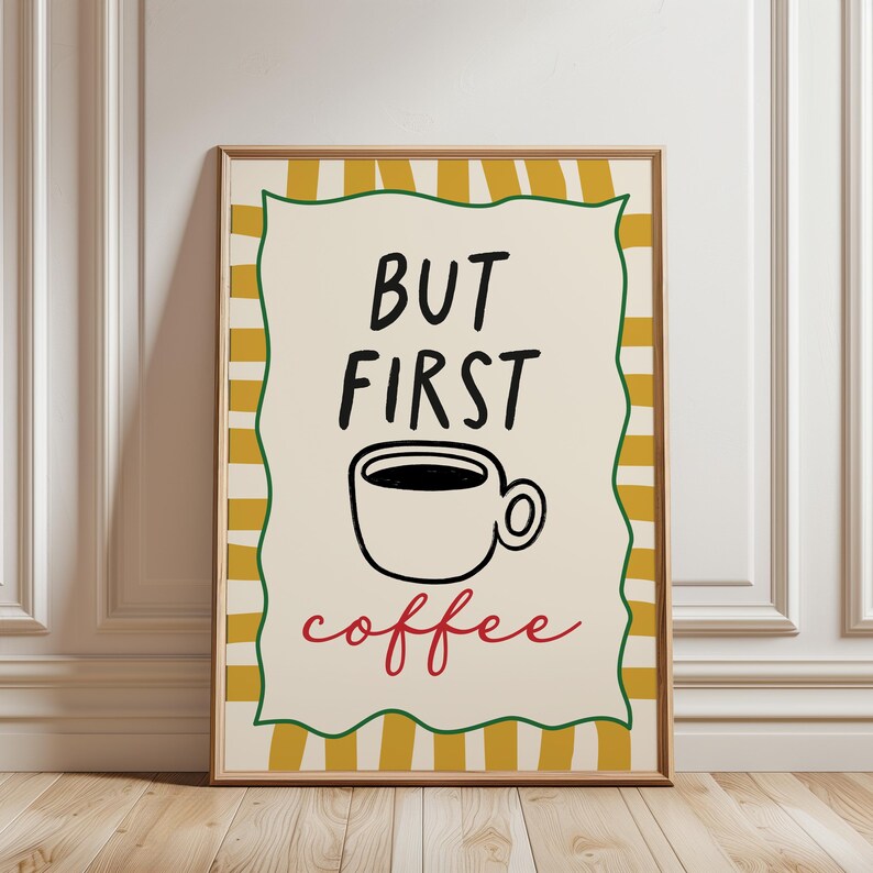 Ochre yellow kitchen wall art, gift for coffee lover