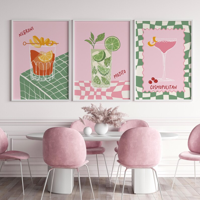 Pink kitchen wall decor. Trio of kitchen posters with cocktails in funky designs