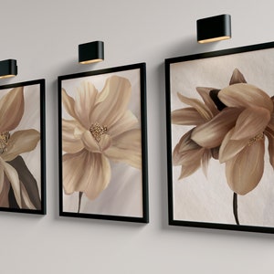 Set of 3 brown and beige large abstract flower hallway wall art prints