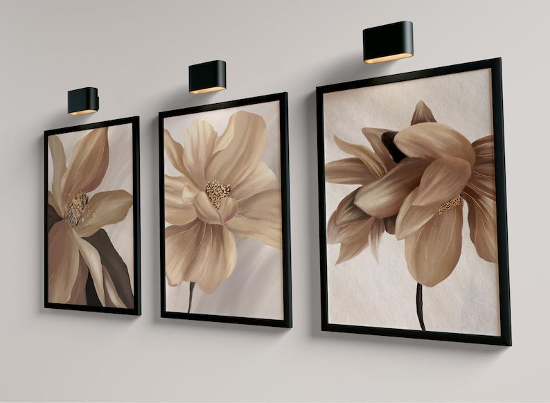 Set of 3 brown and beige large abstract flower hallway wall art prints