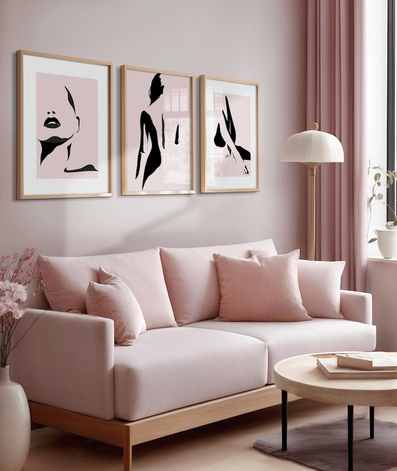 set of 3 pink abstract women wall art prints