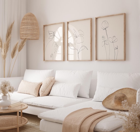 Set of 3 Neutral Wall Prints, Botanical Line Art, Botanical Art, Minimalist Wall Art, Beige Wall Decor, Neutral Living Room, Bedroom, Beige