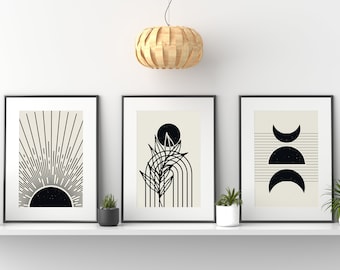 Boho Wall Prints, Neutral Boho Wall Art, Set of 3 Posters, Boho Sunshine Prints, Boho Wall Decor, Boho Abstract Art, Beige & Black Prints
