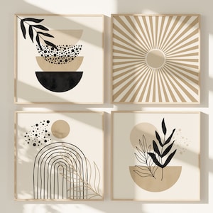 May include: Set of four minimalist art prints featuring abstract shapes and botanical elements in black, brown, and beige colours. The prints include a sunburst design, a layered circle design, a rainbow arch with a leaf, and a leaf with a circle design.