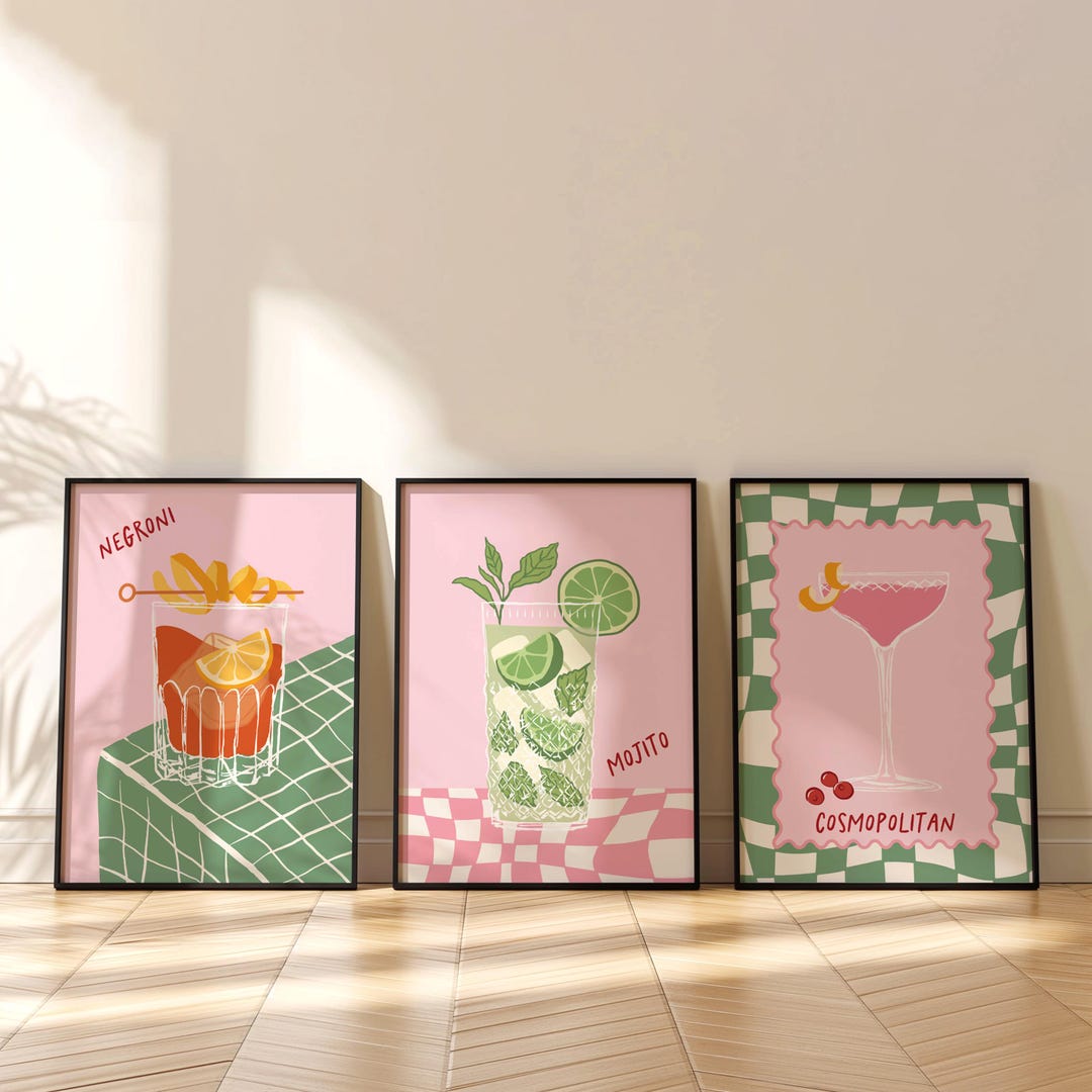 printable kitchen prints wall art, set of 6, hand... Kitchen Prints, Cocktail Bar, Trendy Kitchen Decor, Dining Room Art ...