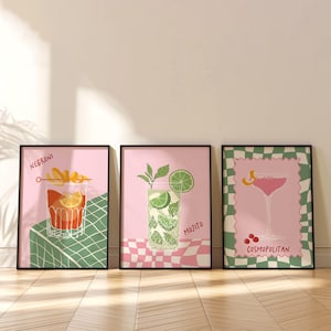 Trendy kitchen prints, featuring cocktails; Negroni, Mojito and Cosmopolitan, in colours sage green and pink