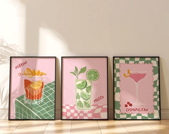 Kitchen Prints, Cocktail Bar, Trendy Kitchen Decor, Dining Room Art, Wall Art, Home Bar Decor, Home Decor, Drinks, Pink, Sage Green