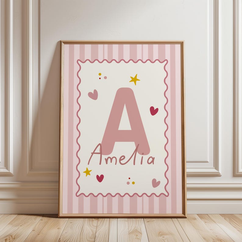 Girls personalised print, with letter and initial on a pink striped background with love hearts and stars