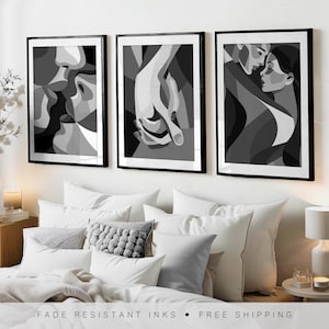 Set of 3 Couples Abstract Wall Art Prints, Grey & Black Wall Art, Bedroom Wall Art, Bedroom Wall Decor, Abstract Art, Mono, Modern Art, Love