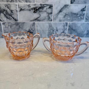 1930s Jeanette Glass Pink Diamond Cut Depression Glass Sugar and Creamer set