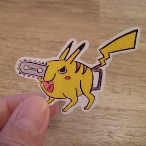 Sticker elektrische kettingzaag duivel Pikachu