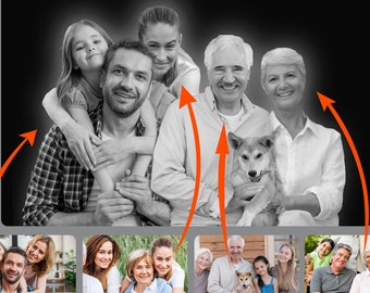 Puede incluir: Una foto en blanco y negro de una familia con un perro. La familia incluye dos adultos mayores, un hombre y una mujer, una pareja joven y una niña. El perro es de raza pequeña y de color claro.