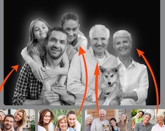 Photo Edit Merge, Add deceased to photo, Merge Multiple photos, family portrait, add people to photo, gift, combined photos, birthday gift