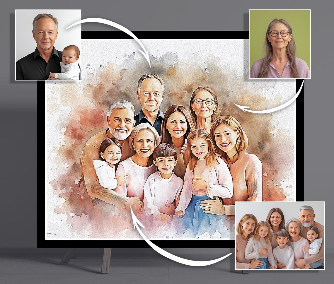 Large Family Custom Portrait, Unique Group Art From Your Photos ...